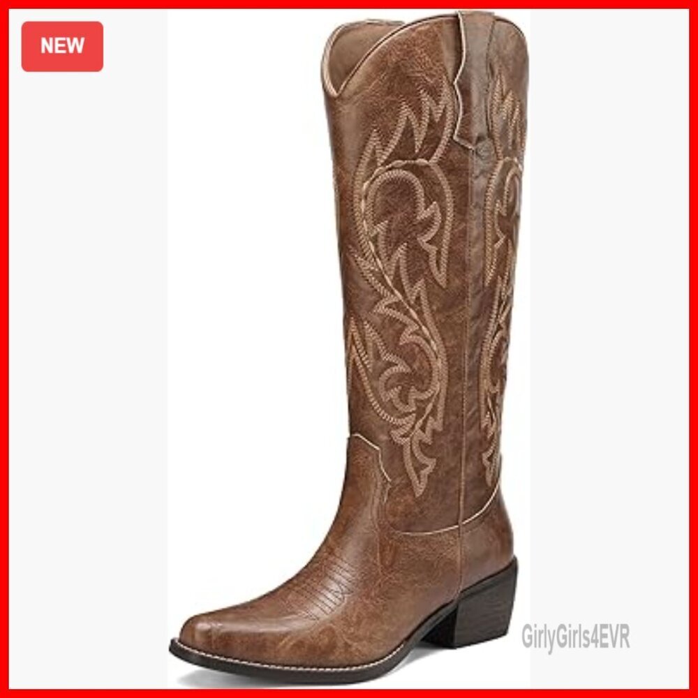 Women's Knee High Cowboy Boots Wide Calf Pointed Toe Chunky Heel Riding Shoes